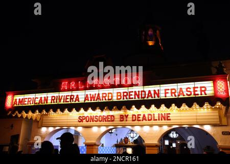 Santa Barbara, USA. 14. Februar 2023. Ein allgemeiner Blick auf das Festzelt beim Santa Barbara International Film Festival 2023: Herausragende American Riviera Award-Zeremonie im Arlington Theatre am 14. Februar 2023 in Santa Barbara, Kalifornien. Foto: Crash/imageSPACE/Sipa USA Kredit: SIPA USA/Alamy Live News Stockfoto