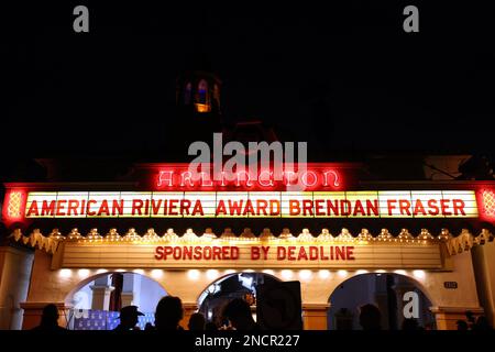 Santa Barbara, USA. 14. Februar 2023. Ein allgemeiner Blick auf das Festzelt beim Santa Barbara International Film Festival 2023: Herausragende American Riviera Award-Zeremonie im Arlington Theatre am 14. Februar 2023 in Santa Barbara, Kalifornien. Foto: Crash/imageSPACE/Sipa USA Kredit: SIPA USA/Alamy Live News Stockfoto