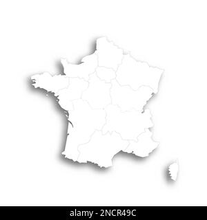 Politische Karte Frankreichs der Verwaltungsabteilungen - Regionen. Flache weiße, leere Karte mit dünnem schwarzen Umriss und Schlagschatten. Stock Vektor