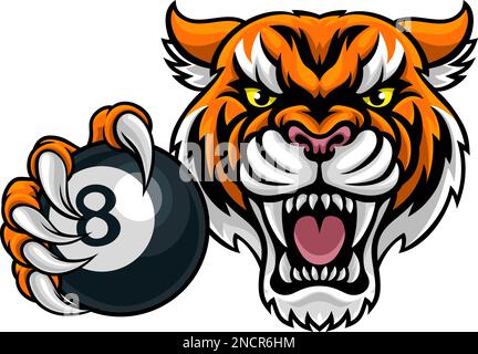 Tiger Angry Pool 8 Ball Billard Maskottchen Cartoon Stock Vektor