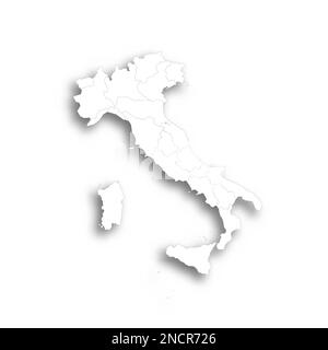 Italien: Politische Karte der Verwaltungsabteilungen - Regionen. Flache weiße, leere Karte mit dünnem schwarzen Umriss und Schlagschatten. Stock Vektor