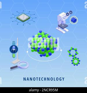 Nanotechnologie Nanomedizin innovative Technologien mit Mikrochip-Mikroskop-dna auf isometrischer Vektordarstellung mit farbigem Hintergrund Stock Vektor