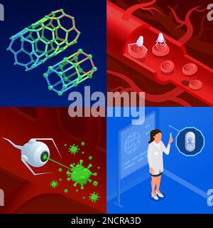 Isometrische Nanotechnologie 2x2-Designkonzept mit Nanotube-Nanorobots und Wissenschaftlerin im Labor isolierte Vektordarstellung Stock Vektor