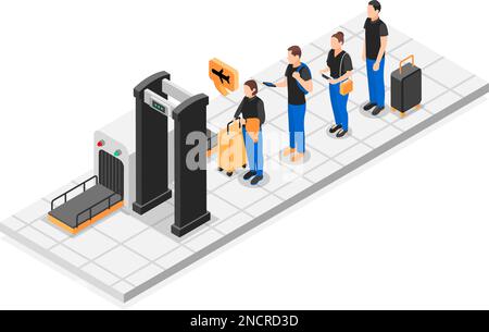 Anstellen isometrischer Konzepte Personen, die vor dem Metalldetektorrahmen am Flughafen stehen, Vektordarstellung Stock Vektor