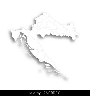 Kroatien: Politische Karte der Verwaltungsabteilungen - Landkreise. Flache weiße, leere Karte mit dünnem schwarzen Umriss und Schlagschatten. Stock Vektor