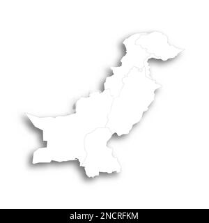 Politische Karte der Verwaltungseinheiten - Provinzen und autonome Gebiete in Pakistan. Flache weiße, leere Karte mit dünnem schwarzen Umriss und Schlagschatten. Stock Vektor