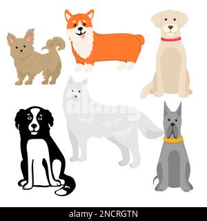 Hundesammlung. Vektordarstellung eines lustigen Cartoons verschiedener Rassen Hunde im trendigen flachen Stil. Isoliert auf weiß Stock Vektor