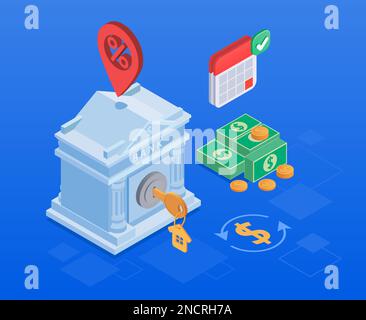 Isometrisches Hypothekenkonzept mit Bankbauschlüssel zur Unterbringung von Banknoten und Münzen auf blauem Hintergrund 3D-Vektordarstellung Stock Vektor