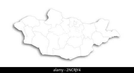 Politische Karte der Mongolei der Verwaltungsabteilungen - Provinzen und khot Ulaanbaatar. Flache weiße, leere Karte mit dünnem schwarzen Umriss und Schlagschatten. Stock Vektor