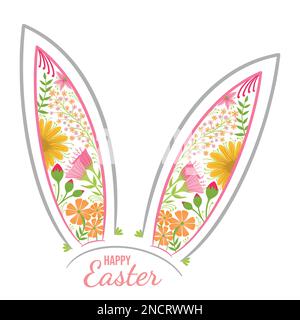 Fröhliche Osterferien-Vektorillustration. Einzigartige Osterhasen Mit Blumenmuster. Frühlingsthema helle Farbpalette mit Blumen und Blättern. Soziale Medien Stock Vektor