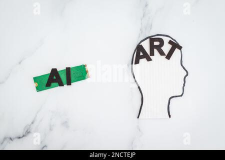 KI vs. Art Text mit Mikrochip und Kopfsymbol, Konzept der künstlichen Intelligenz Erstellung generativer Inhalte basierend auf Kunst menschlicher Autoren Stockfoto
