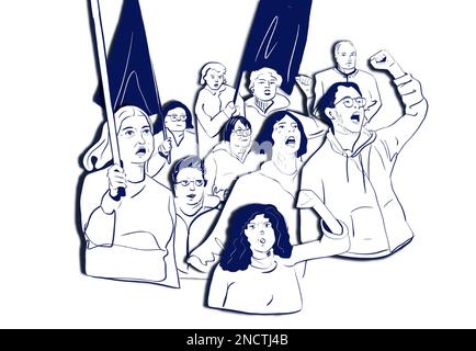 Gruppe von Personen mit Flaggen und Schildern auf weißem Hintergrund Stockfoto