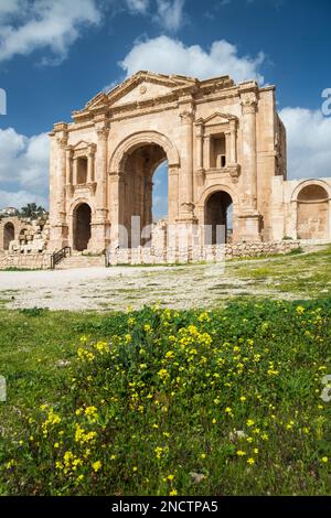 Der Bogen des Hadrian in der alten griechisch-römischen Stadt Jerash, dem Gouvernement Gerasa, Jordanien Stockfoto