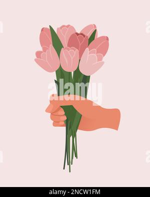 Hand haltender Tulpenstrauß. Vektordarstellung in flacher Form Stock Vektor
