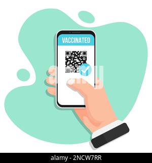 Digitales COVID-19-Zertifikat mit QR-Code in flacher Ausführung. Smartphone in der Hand mit geimpften Informationen Stock Vektor