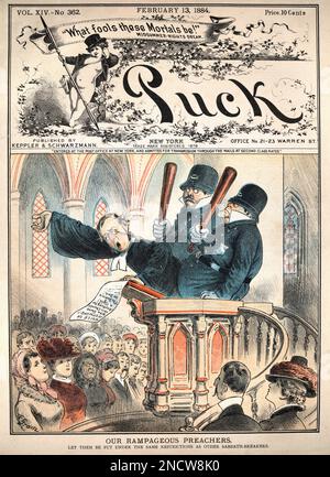 Eine klassische Gravur des satirischen amerikanischen Cartoons, Polizeibeamte verhaften einen Prediger in der Kanzel, Sabbeth Breakers, 1884, Puck Stockfoto