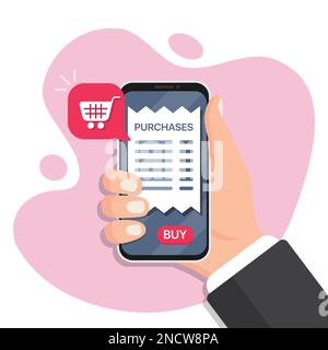 Handgehaltenes Smartphone für Online-Shopping in flachem Design. Bezahlung von Einkäufen per Smartphone. Online-Zahlung Stock Vektor