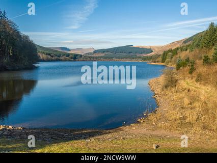 An einem sonnigen Frühlingstag im Pentwyn Reservoir in Richtung Corn Du Pen y Fan und immergrüner Wälder in den Central Brecon Beacons Stockfoto