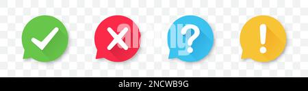Satz von Häkchen-, Kreuz-, Fragezeichen- und Ausrufezeichen-Symbolen mit langem Schatten Stock Vektor
