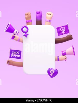 Postvorlage für den internationalen Frauentag in sozialen Medien mit Textfeld und Frauenhänden in 3D-Abbildung. März 8 für Feminismus, Unabhängigkeit, e Stockfoto