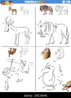 Cartoon-Darstellung von Zeichnen und Ausmalen von Lernarbeitsblättern mit lustigen Comic-Tieren Stock Vektor