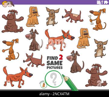 Cartoon-Darstellung, wie man zwei gleiche Bilder findet, ein Lernspiel mit Comichunden, Tierfiguren Stock Vektor