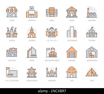 Symbole für Gebäudelinien festgelegt. Krankenhaus, Hotel, Bank, Einkaufszentrum, Wolkenkratzer, Rathaus der Regierung, Schloss, Polizei, Minimalvektordarstellung. Einfach flach Stock Vektor