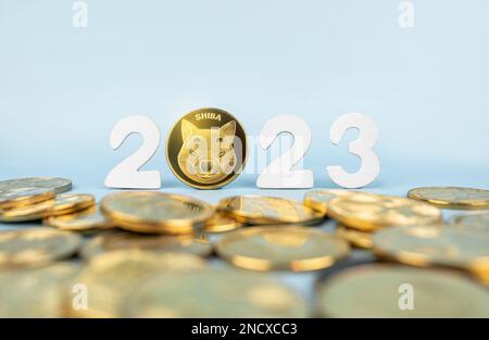 Shiba Inu in der Preisprognose 2023. Shib Coin steht neben Kryptowährungs-Token und Jahreszahlen auf blauem Hintergrund. Nahaufnahme, Soft Focus. Stockfoto