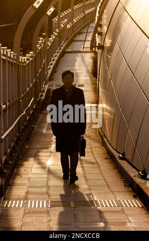 Ein japanischer männlicher Büroangestellter oder Angestellter geht auf einem Pfad in der Nähe von Roppongi, Tokio, Japan. Stockfoto