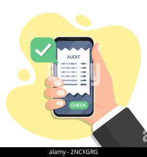 Handgehaltenes Smartphone mit Audit in flachem Design. Smartphone-Prüfbestätigungen. Online-Dokument Stock Vektor