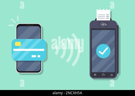 Erfolgreicher Zahlungsvorgang. POS-Terminal bestätigt die Zahlung per Smartphone. Smartphone mit mobiler Bezahlung Stock Vektor
