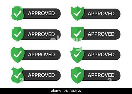 Satz genehmigter Abzeichen mit Symbolen in flachem Design Stock Vektor