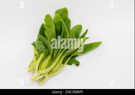 Kleine Gruppe Junges frisches Pak Chai oder Green Pakchoi oder Bok Choy, flach liegendes Bio-Gemüse, das isolierte Bild auf weißem Hintergrund. Stockfoto