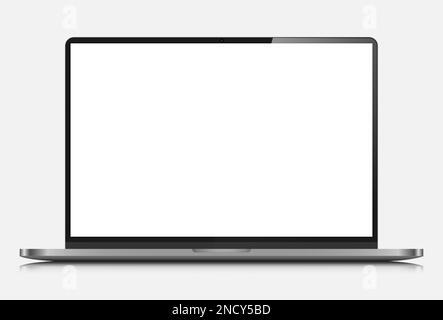 Realistisches Notebook-Layout mit weißem Bildschirm und Reflexion. Ein modernes Notebook mit einem leeren Bildschirm auf weißem Hintergrund. Stock Vektor