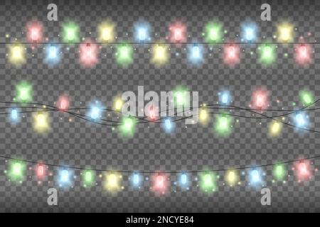 Mehrfarbige, realistische Weihnachtsbeleuchtung auf transparentem Hintergrund. Glitzernde Girlandebeleuchtung mit Glitzereffekt Stock Vektor