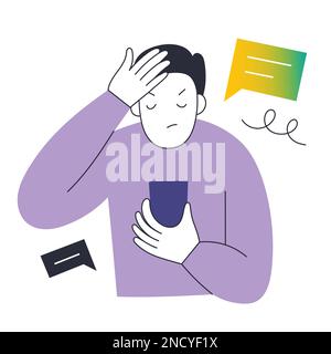 Ein junger Mann liest Nachrichten oder Beiträge in sozialen Medien auf seinem Smartphone mit wütendem Ausdruck, ein Mann zeigt Gesichts-Geste, eine Vektordarstellung Stock Vektor