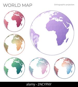 Niedrige Poly-Welt-Karte Eingestellt. Orthographische Projektion. Sammlung der Weltkarten im geometrischen Stil. Vektordarstellung. Stock Vektor