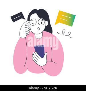 Junge Frau liest schockierende schlechte Nachrichten auf ihrem Smartphone mit ängstlichem Gesichtsausdruck, berührt ihre Brille, Vektordarstellung Stock Vektor