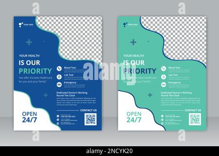 Healthcare deckt A4-Vorlagendesign und flache Symbole für einen Bericht und medizinische Broschüren Design, Flyer, Broschüren Dekoration für Druck und Präsentation ab Stock Vektor