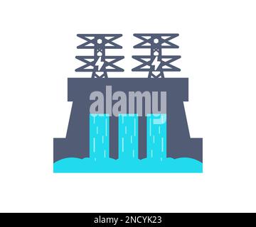 Wasserdamm, Wasserentladung durch Schlösser Logo-Design. Kraftwerk, Stromleitungen, Energievektordesign und Illustration Stock Vektor