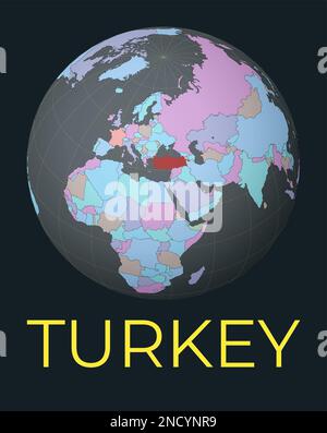 Die Weltkarte ist auf die Türkei ausgerichtet. Rot markiert. Satelliten-Weltansicht auf Land mit Namen zentriert. Vektordarstellung. Stock Vektor