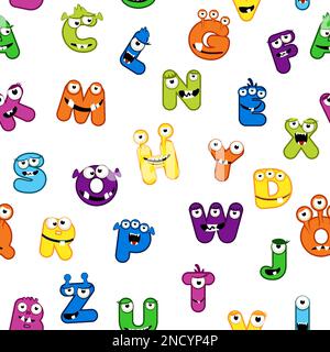 Nahtloses Muster mit MONSTER-Alphabet-Schriftart. Stock Vektor
