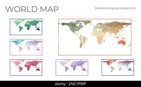 Niedrige Poly-Welt-Karte Eingestellt. Rechteckige (Platte Carree) Projektion. Sammlung der Weltkarten im geometrischen Stil. Vektordarstellung. Stock Vektor