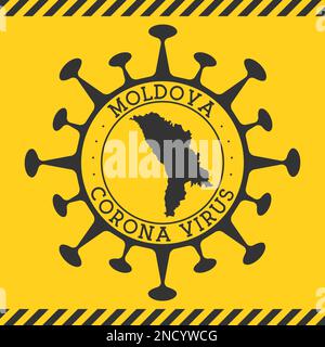 Corona-Virus in Moldawien-Zeichen. Runde Abzeichen mit Form des Virus und Moldawien Karte. Gelber Country Epidemie Lockdown Stempel. Vektorabbildung. Stock Vektor