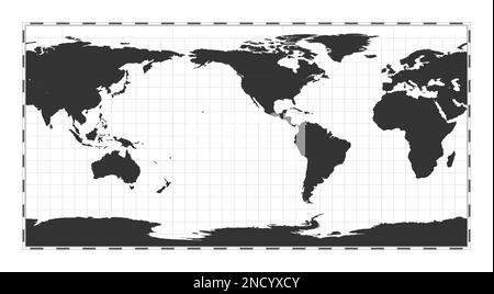 Vector-Weltkarte. Rechteckige (Platte Carree) Projektion. Geografische Karte mit Breiten- und Längengraden. Zentriert auf 120deg E Länge Stock Vektor