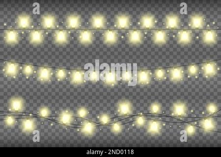 Weihnachtlich gelbes, realistisches Girlandlicht auf transparentem Hintergrund. Glitzernde Girlandebeleuchtung mit Glitzereffekt Stock Vektor