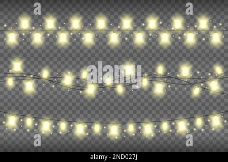 Weihnachtlich gelbes, realistisches Girlandlicht auf transparentem Hintergrund. Glitzernde Girlandebeleuchtung mit Glitzereffekt Stock Vektor