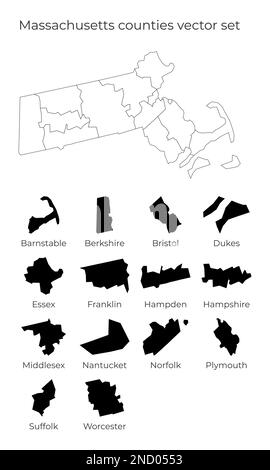 Karte von Massachusetts mit Formen von Regionen. Leere Vektorkarte des US-Bundesstaates mit Bezirken. Die Grenzen des US-Bundesstaates für Ihre Infografik. Vektor illustr Stock Vektor