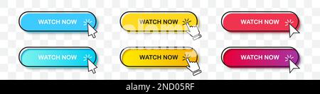 „Jetzt ansehen“-Buttons-Kollektion mit Cursor-Zeiger in zwei Ausführungen. Flaches Design und Farbverlauf mit Schatten. Set aus digitaler Web-Taste auf transparentem Hintergrund Stock Vektor