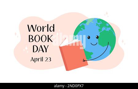 Weltbuchtag. Feierlichkeiten am 23. April. Der süße Comic Earth Planet hält und liest ein offenes Buch. Vektor-Illustration. Weihnachtsplakat, Banner Stock Vektor